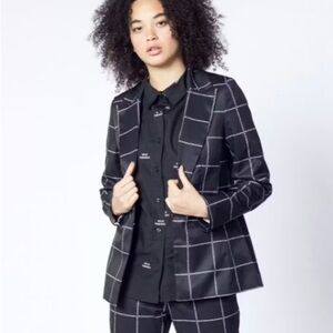 Wildfang “Wild Feminist” Statement Grid Blazer Black Satin Open Front Jacket S